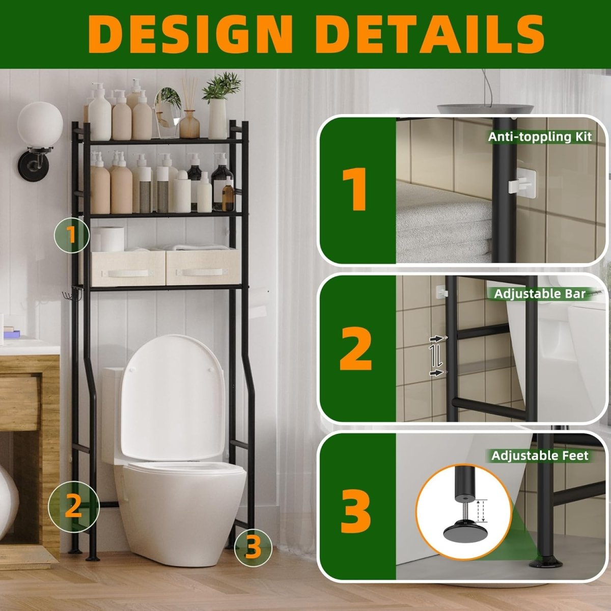 GloTika 3 - Tier Over The Toilet Storage, Space Saver Metal Bathroom Shelves, Freestanding Above Over Toilet Storage Shelf with 4 Hooks for Bathroom, Black - Homesidy.com