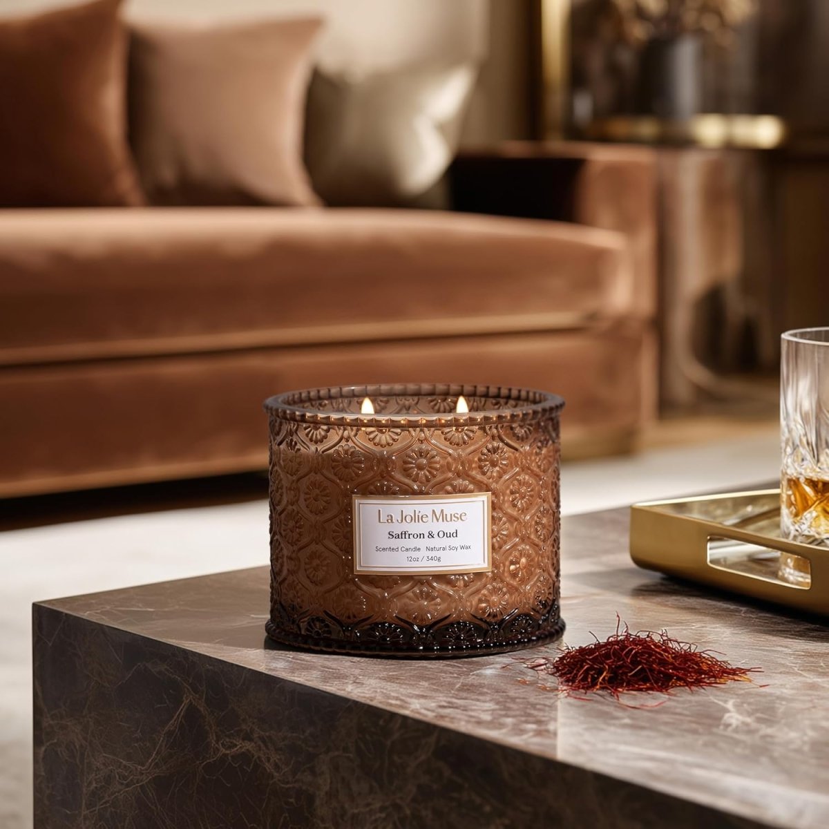 LA JOLIE MUSE Sahara Amber Candle – Bergamot, Clove &amp; Amber | 12 oz Large 2 - Wick Soy Wax Candle | 60 Hours Clean Burn | Gift - Ready for Hosts &amp; Gatherings | Elegant Home Décor - Homesidy.com