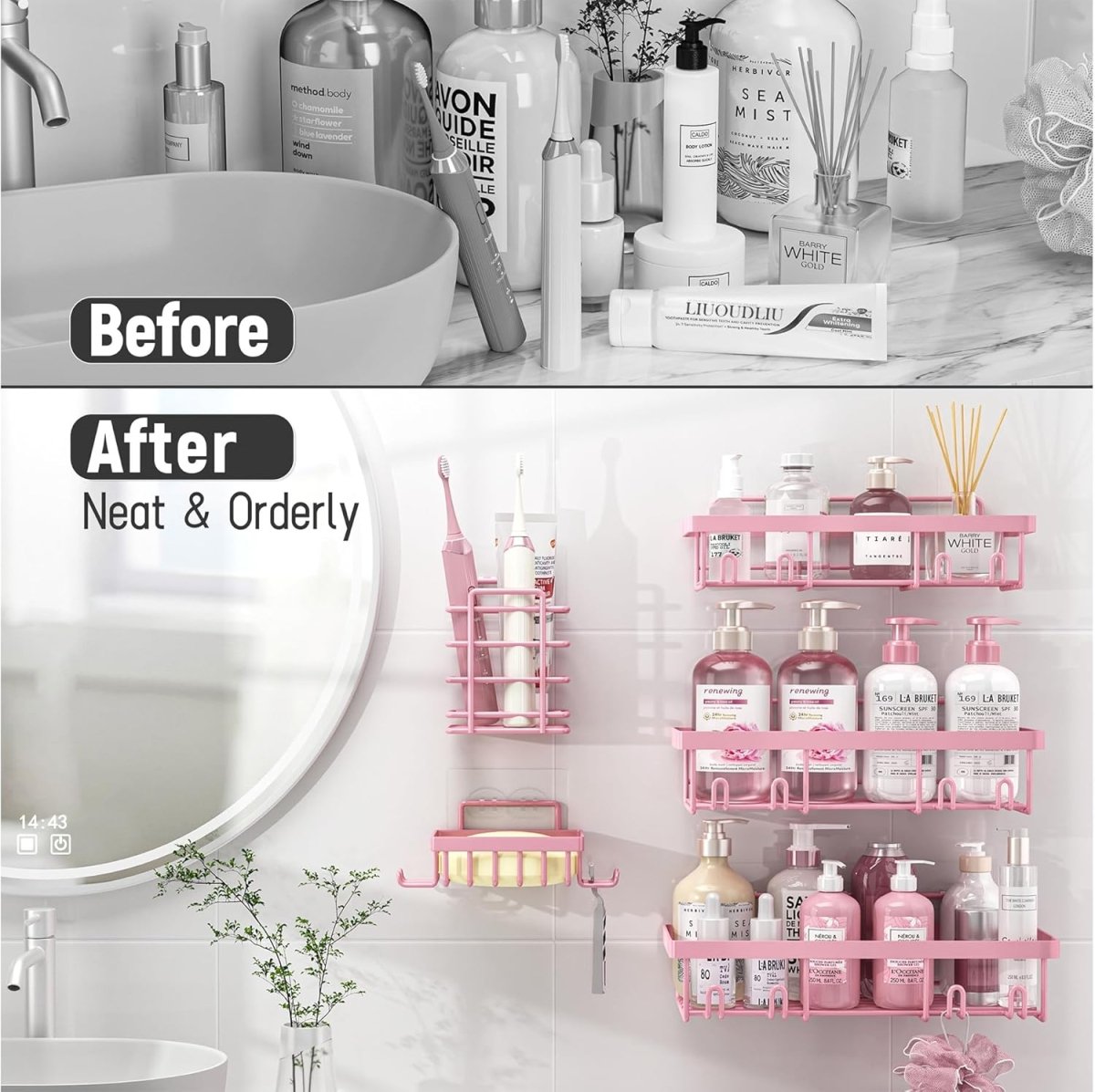 Liuoud 5 Pack Shower Caddy Organizer Rack Shelf for Inside Shower, Adhesive Bathroom Wall Storage Basket Rustproof Stainless Steel Shampoo Holder, Girly Bathroom Accessory Decor Set, Pink - Homesidy.com