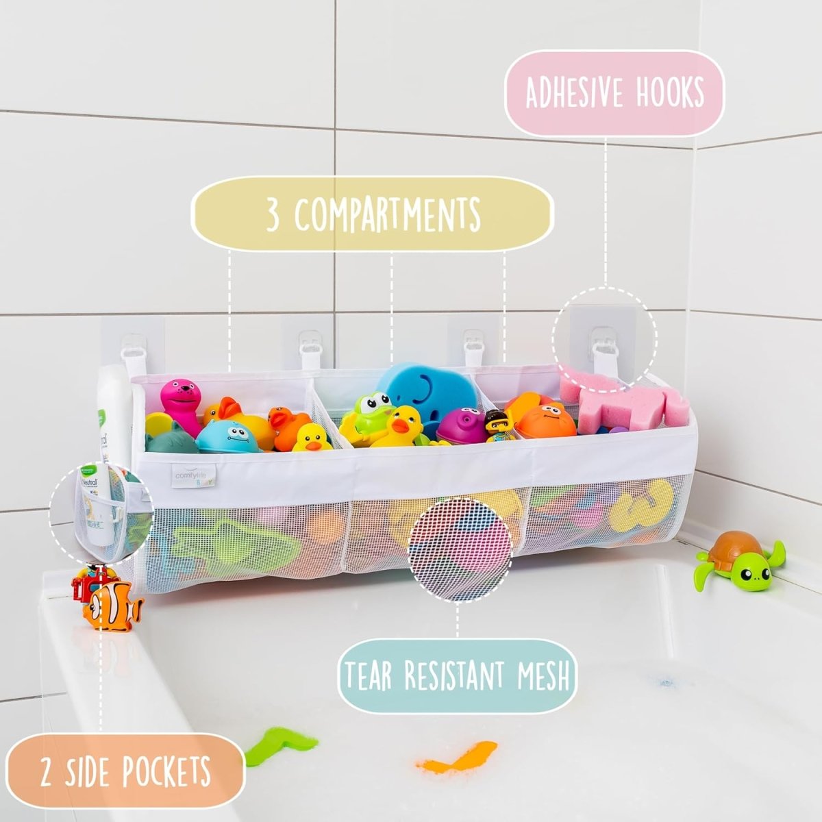 2 x Mesh Bath Toy Organizer 8 Ultra Strong Hooks – The Perfect Bathtub Toy Holder &amp; Bathroom or Shower Caddy – These Multi - use Net Bags Make Baby Bath Toy Storage Easy – For Kids &amp; Toddlers - Homesidy.com