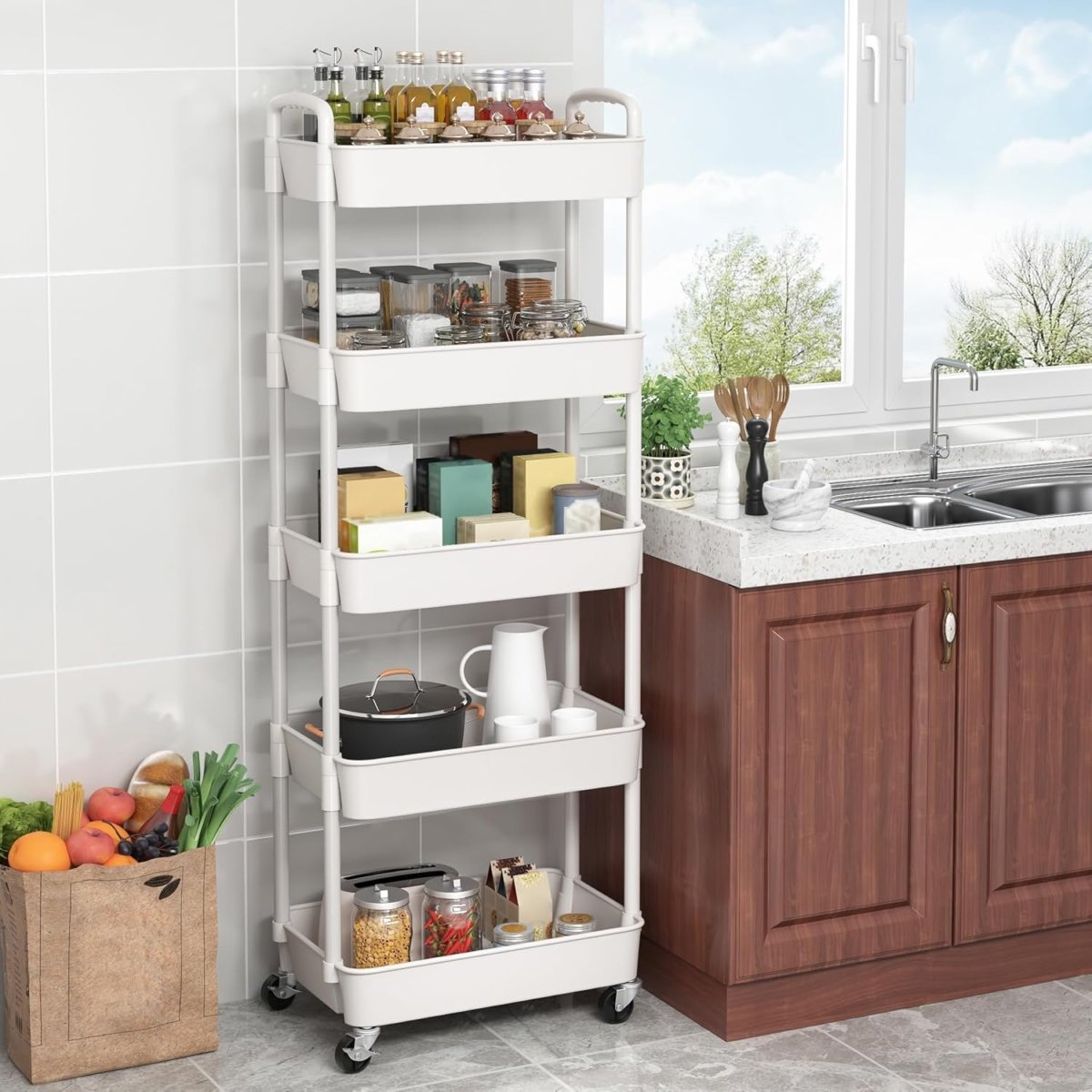 Sywhitta 3 - Tier Plastic Rolling Utility Cart with Handle, Multi - Functional Storage Trolley for Office, Living Room, Kitchen, Movable Storage Organizer with Wheels, White - Homesidy.com