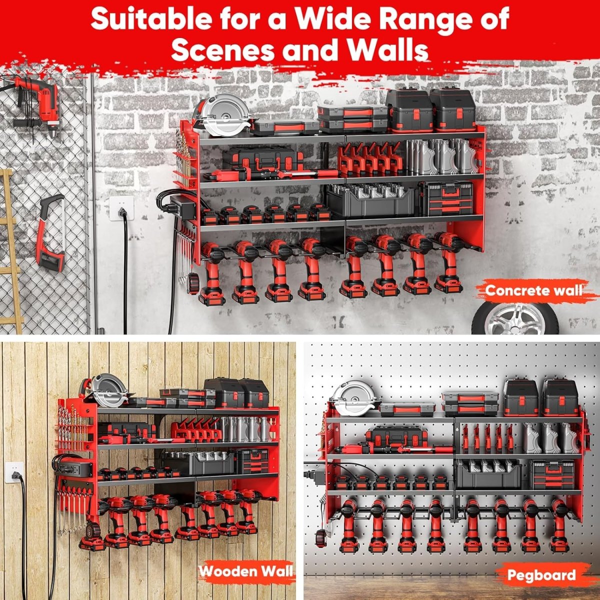 POKIPO Large Power Tool Organizer Wall Mount with Charging Station,4 Layer Heavy Duty Metal Tool Storage Rack Loads 600lbs with 8 Cordless Drill Holder,Battery Utility Rack Loads with 4 Power Strip - Homesidy.com