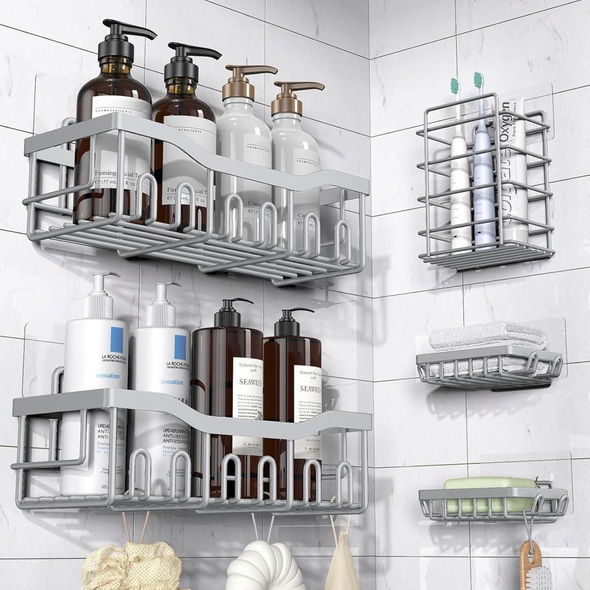 EUDELE 5 - Pack Rustproof Stainless Steel Shower Caddy Set– No Drill Adhesive Bathroom Organizer, Space - Saving Shower Shelves for Apartment Essentials, Bathroom/Kitchen Storage Home Decor - L Size - Homesidy.com