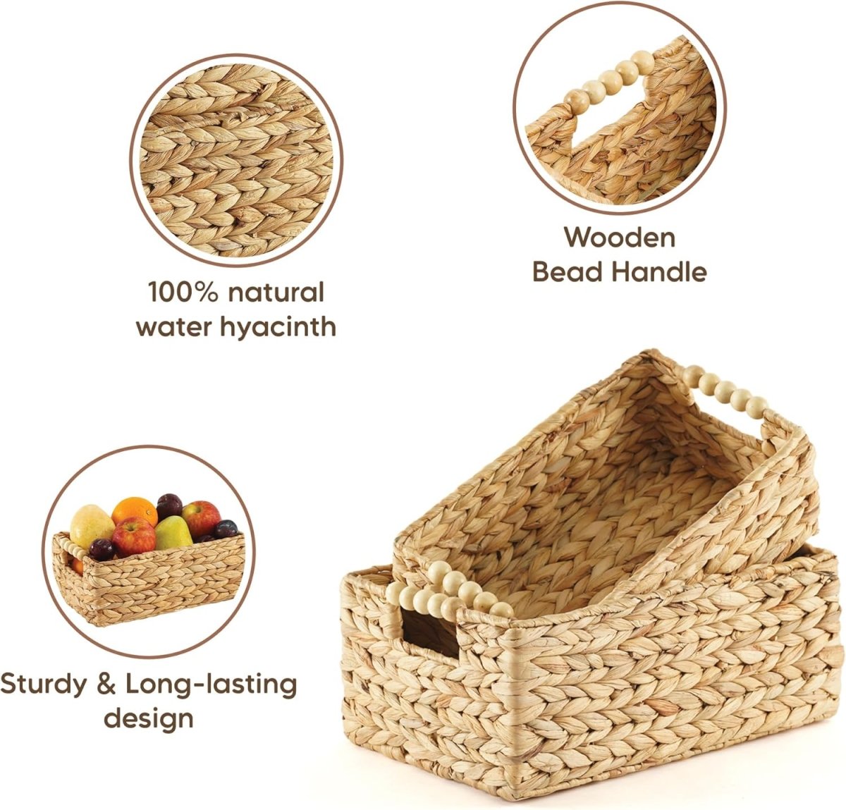 Greenatural Water Hyacinth Storage Baskets Set of 2, Handwoven Rectangular Organizer Trays with Wooden Bead Handles, Nested Wicker Bins for Shelf, Bathroom, Kitchen, Office, Natural Decor - Homesidy.com