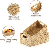 Greenatural Water Hyacinth Storage Baskets Set of 2, Handwoven Rectangular Organizer Trays with Wooden Bead Handles, Nested Wicker Bins for Shelf, Bathroom, Kitchen, Office, Natural Decor - Homesidy.com