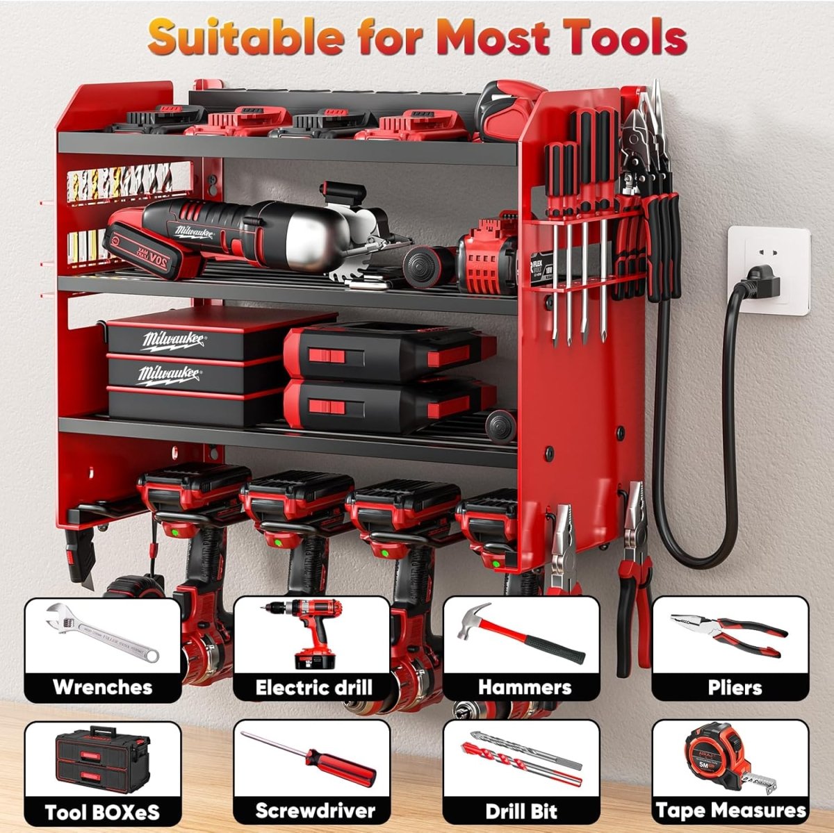 POKIPO Large Power Tool Organizer Wall Mount with Charging Station,4 Layer Heavy Duty Metal Tool Storage Rack Loads 600lbs with 8 Cordless Drill Holder,Battery Utility Rack Loads with 4 Power Strip - Homesidy.com