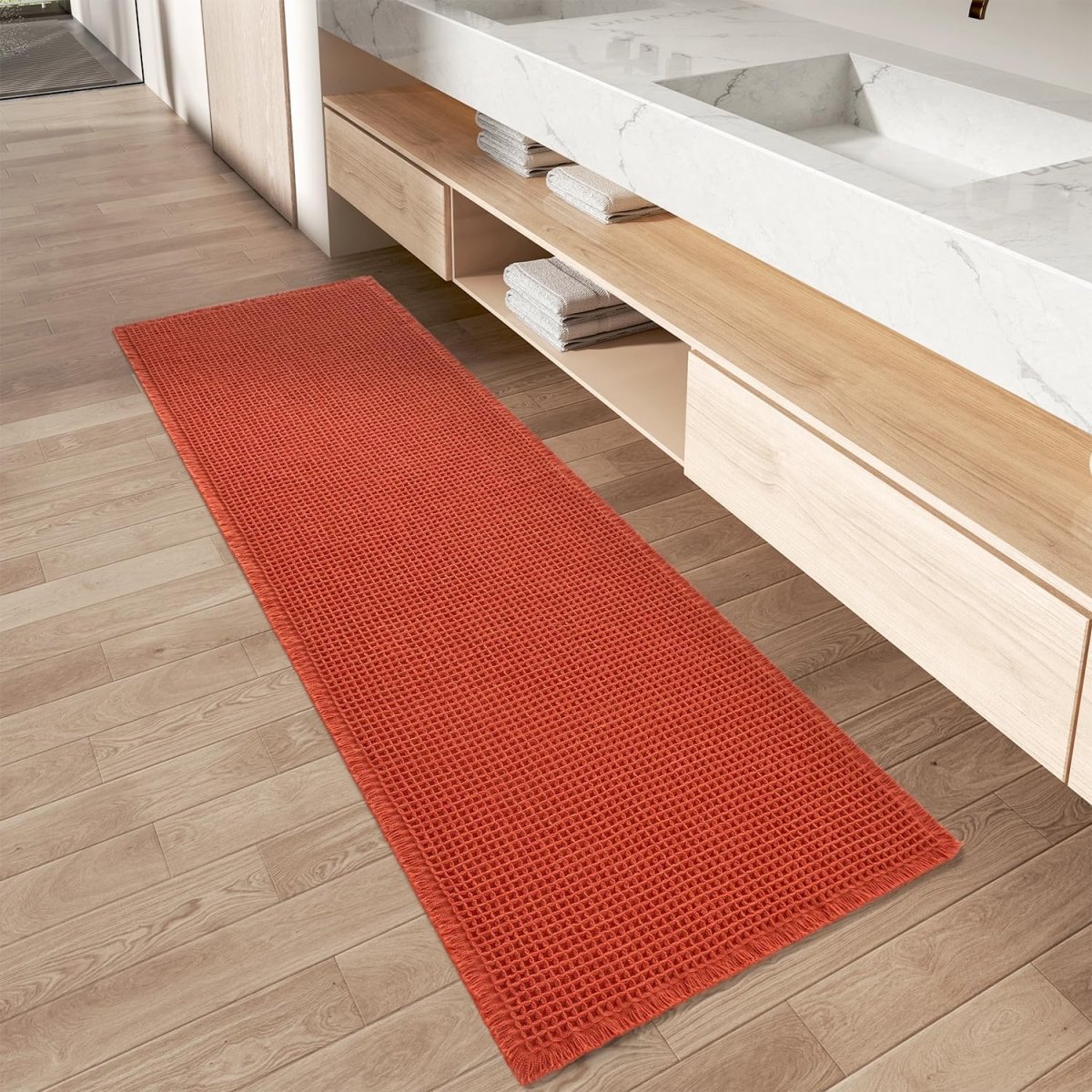 AMOAMI Upgraded Waffle Bath Mat, Super Absorbent Non Slip Bath Mats for Bathroom Floor, Machine Washable Bathroom Rugs with Tassels, Rubber Backed Bathroom Mats, Ultra Soft, 18&34; x 30&34;, Brown - Homesidy.com
