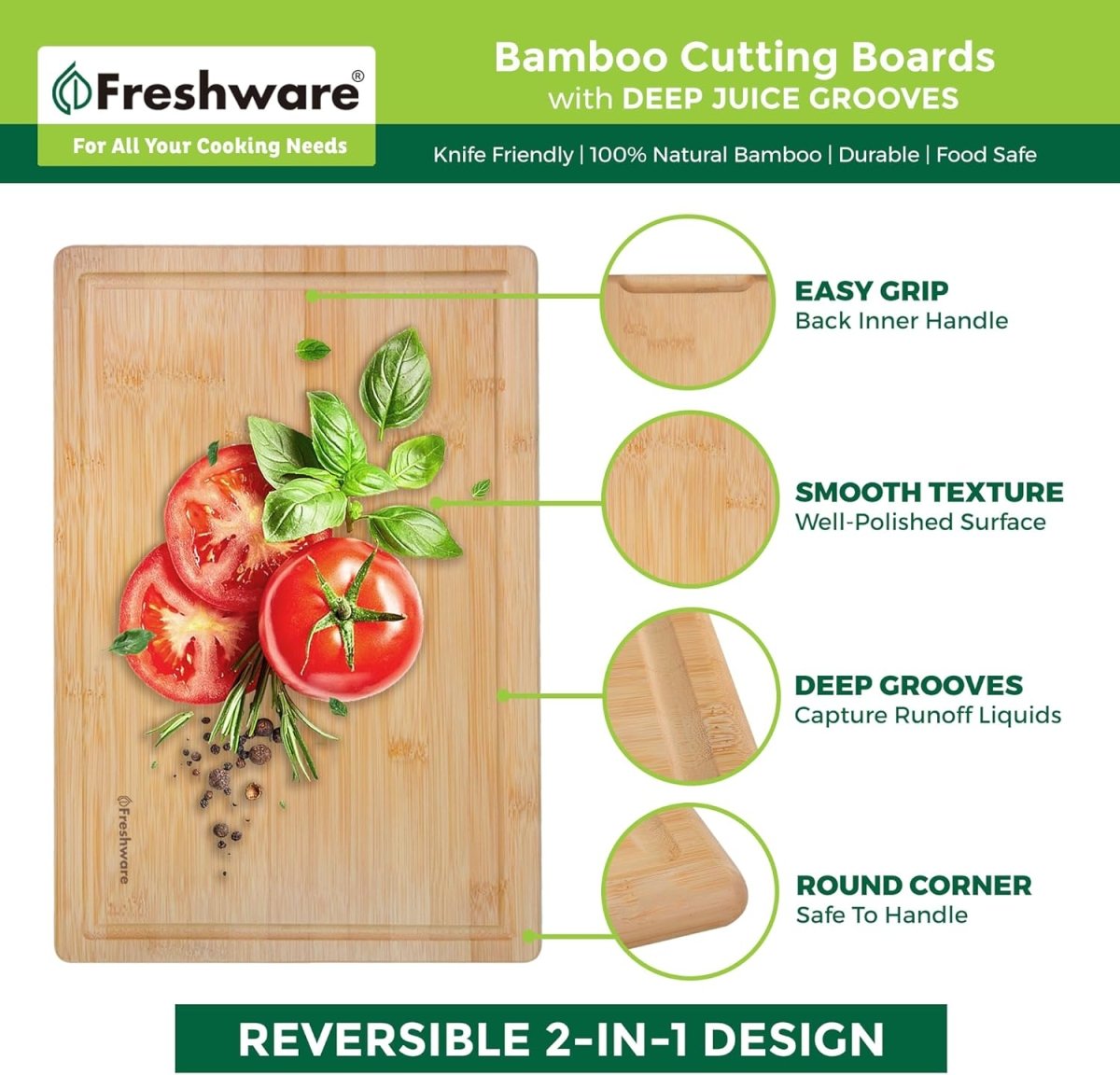 Bamboo Cutting Boards for Kitchen [Set of 3] Wood Cutting Board for Chopping Meat, Vegetables, Fruits, Cheese, Knife Friendly Serving Tray with Handles - Homesidy.com