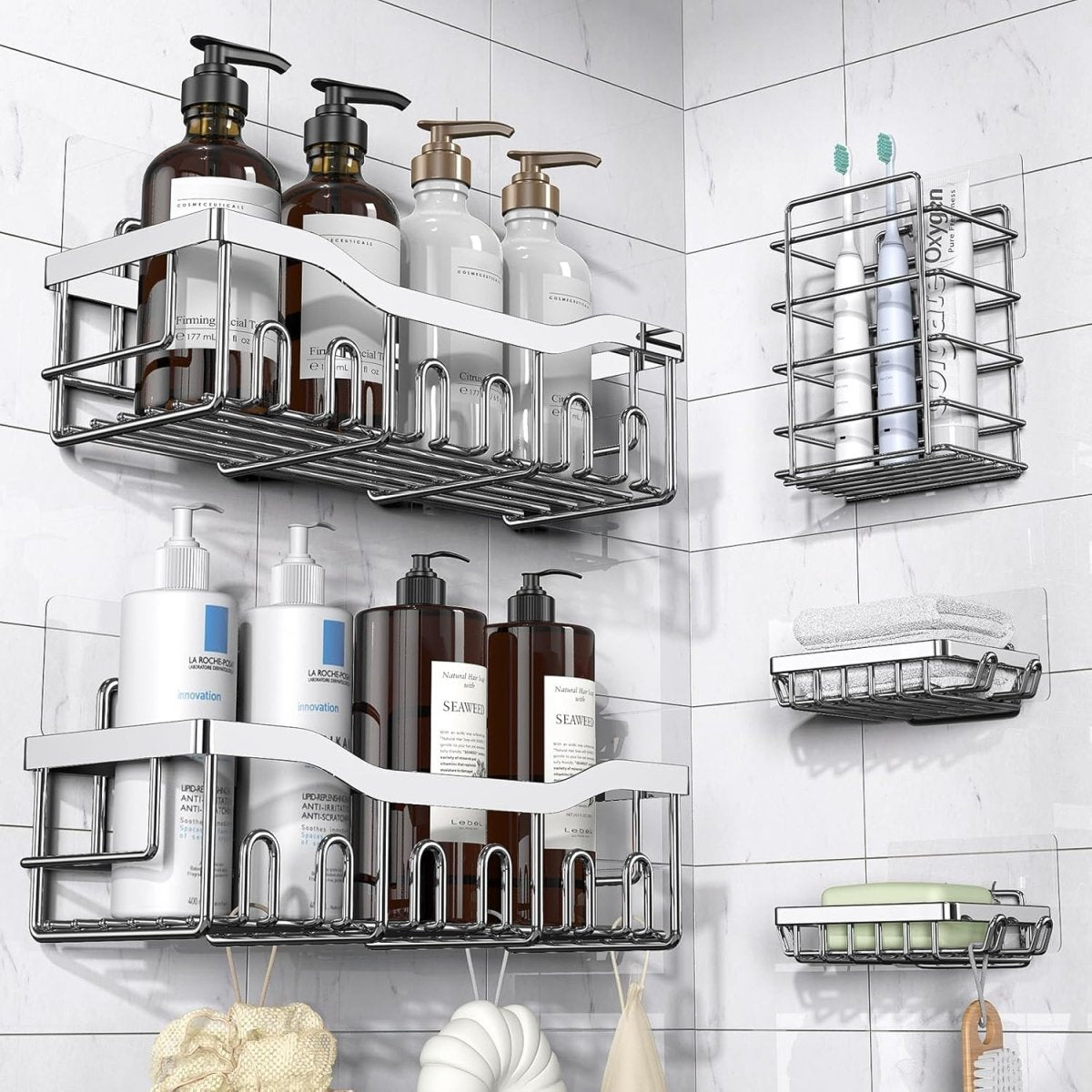 EUDELE Adhesive Shower Caddy, 5 Pack Rustproof Stainless Steel Bath Organizers With Large Capacity, No Drilling Shelves for Bathroom Storage &amp; Home Decor - Homesidy.com