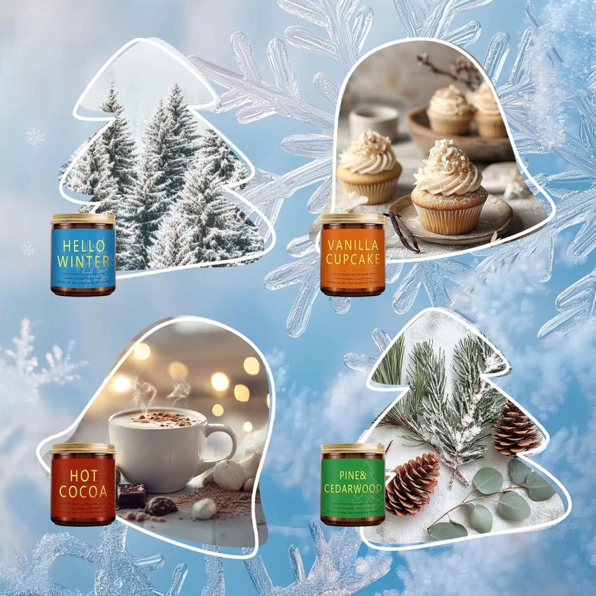 Winter Candle Gift Set, 4 Pack 7 oz Soy Scented Candles for Home, Christmas, Holiday &amp; Birthday Gifts for Women &amp; Men, Includes Hello Winter, Pine &amp; Cedarwood, Hot Cocoa, and Vanilla Cupcake - Homesidy.com