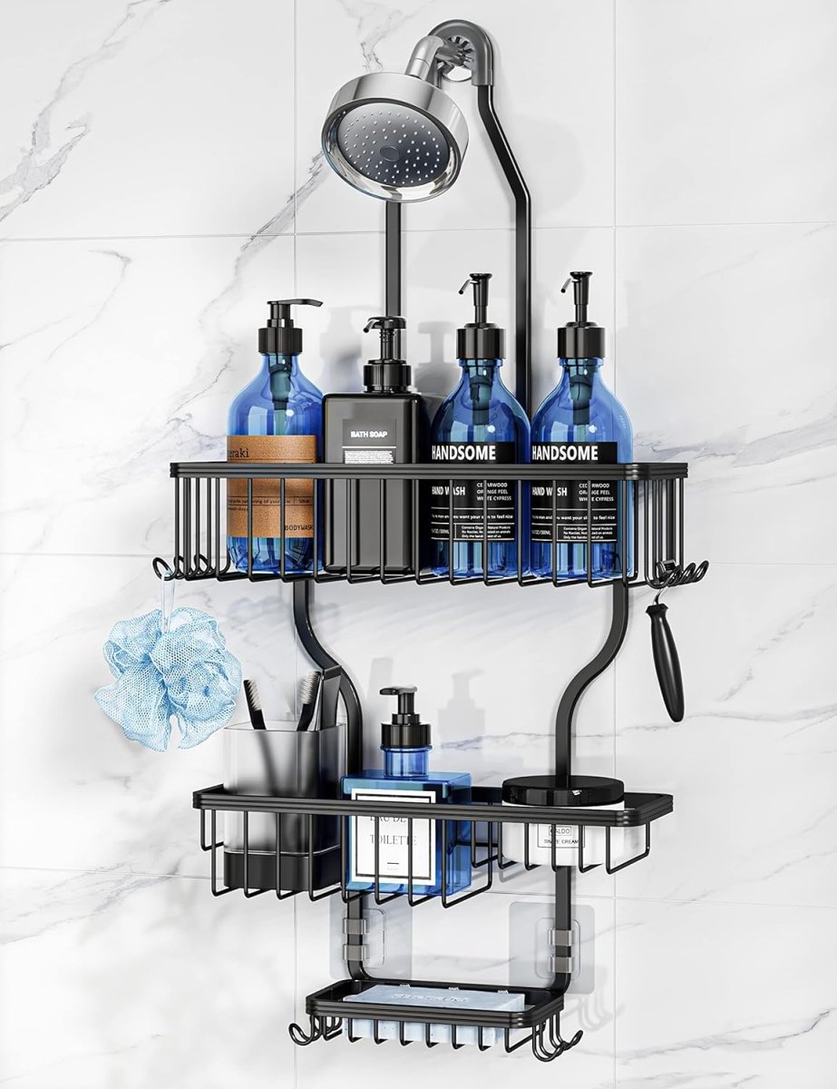 YASONIC Shower Caddy Hanging - Never Rust Shower Organizer - Aluminum Over The Head Caddy with 10 Hooks for Razor/Sponge - Rack with Soap Basket - Silver - Homesidy.com