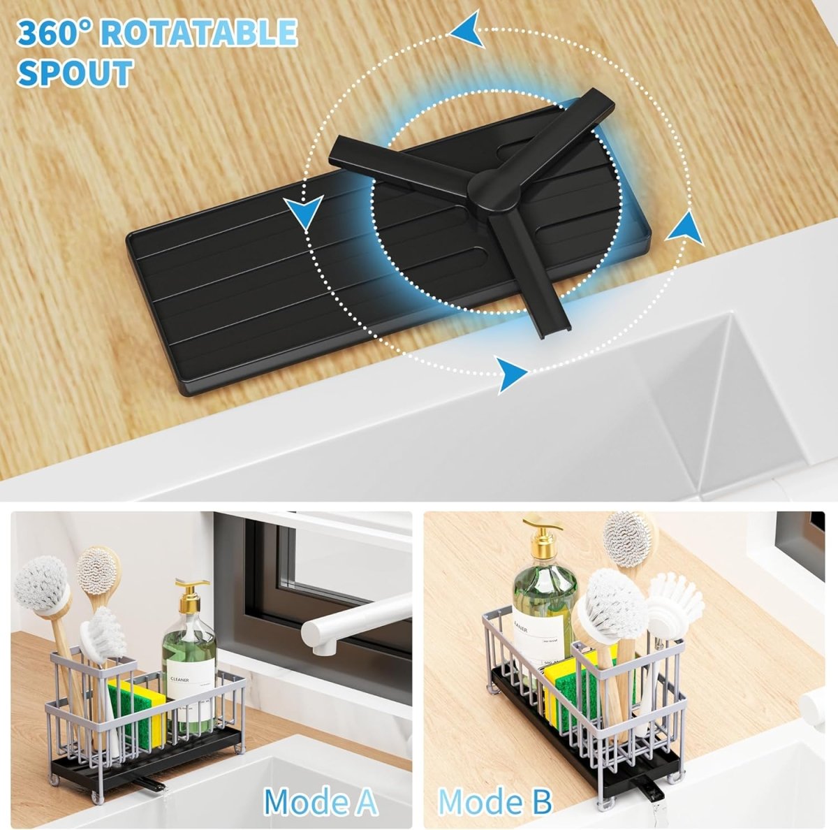 Cisily Black Sponge Holder for Kitchen Sink, Sink Caddy Organizer with High Brush Holder, Kitchen Countertop Organizers and Storage Essentials, Rustproof 304 Stainless Steel, Soap Dispenser Organize - Homesidy.com