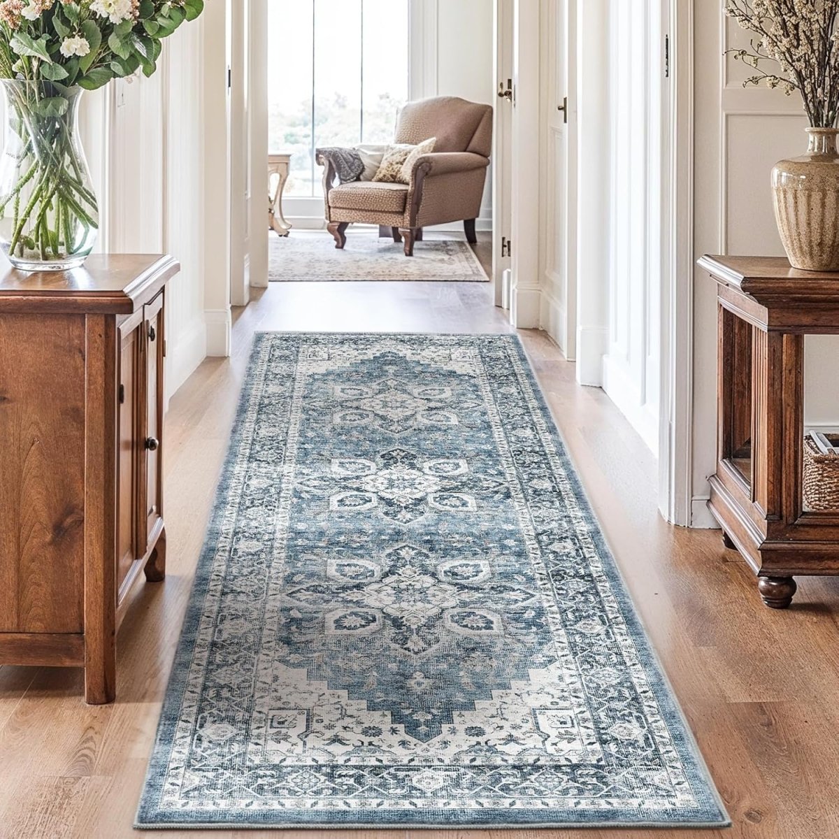AMADA HOMEFURNISHING 8x10 Washable Area Rug, Low - Profile Large Area Rug with Non - Slip Backing &amp; Durable Edge Binding, Vintage Large Rugs for Living Room, Bedroom, Dinning Room - Homesidy.com