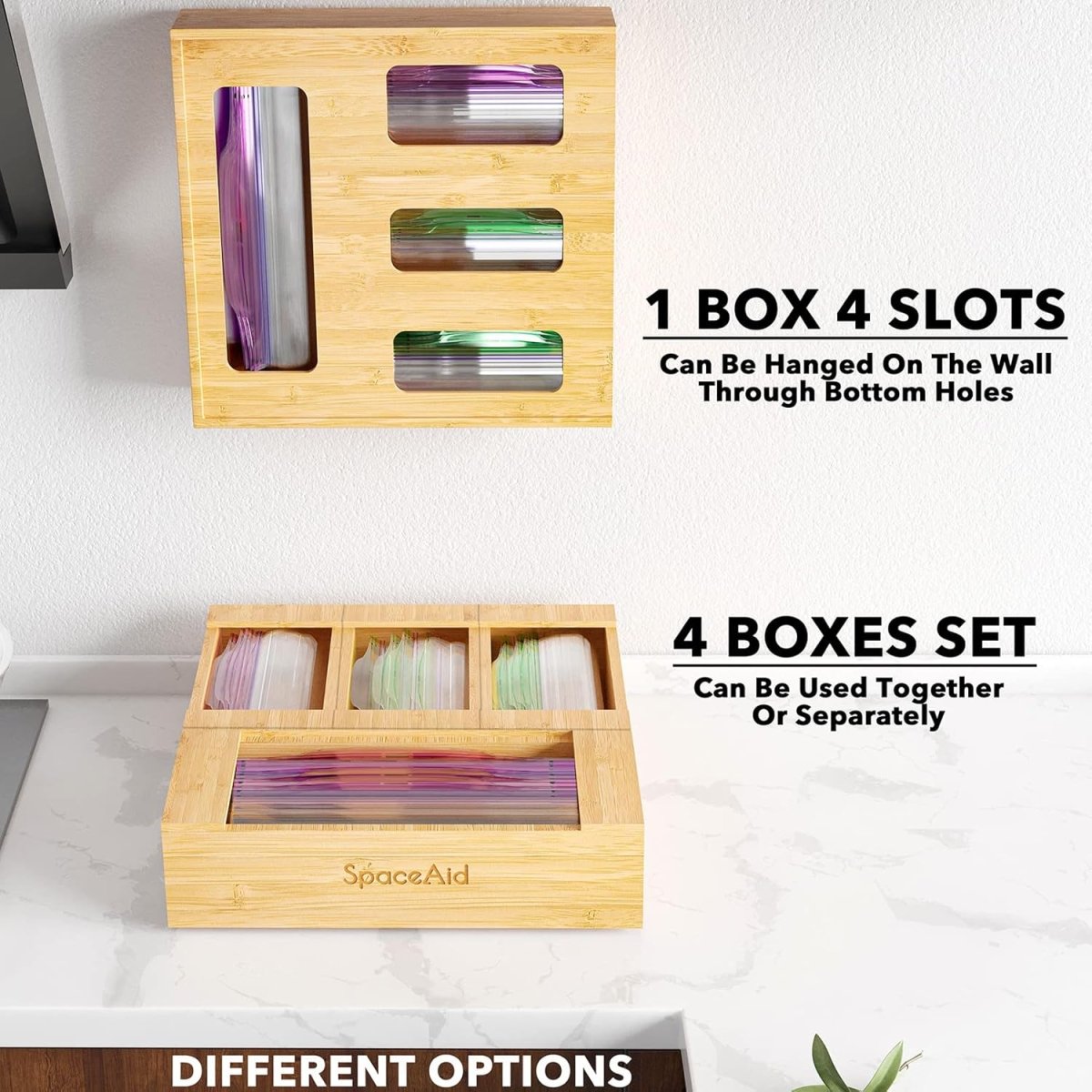SpaceAid Bag Storage Organizer for Kitchen Drawer, Bamboo Organizer, Compatible with Gallon, Quart, Sandwich and Snack Variety Size Bag (1 Box 4 Slots) - Homesidy.com