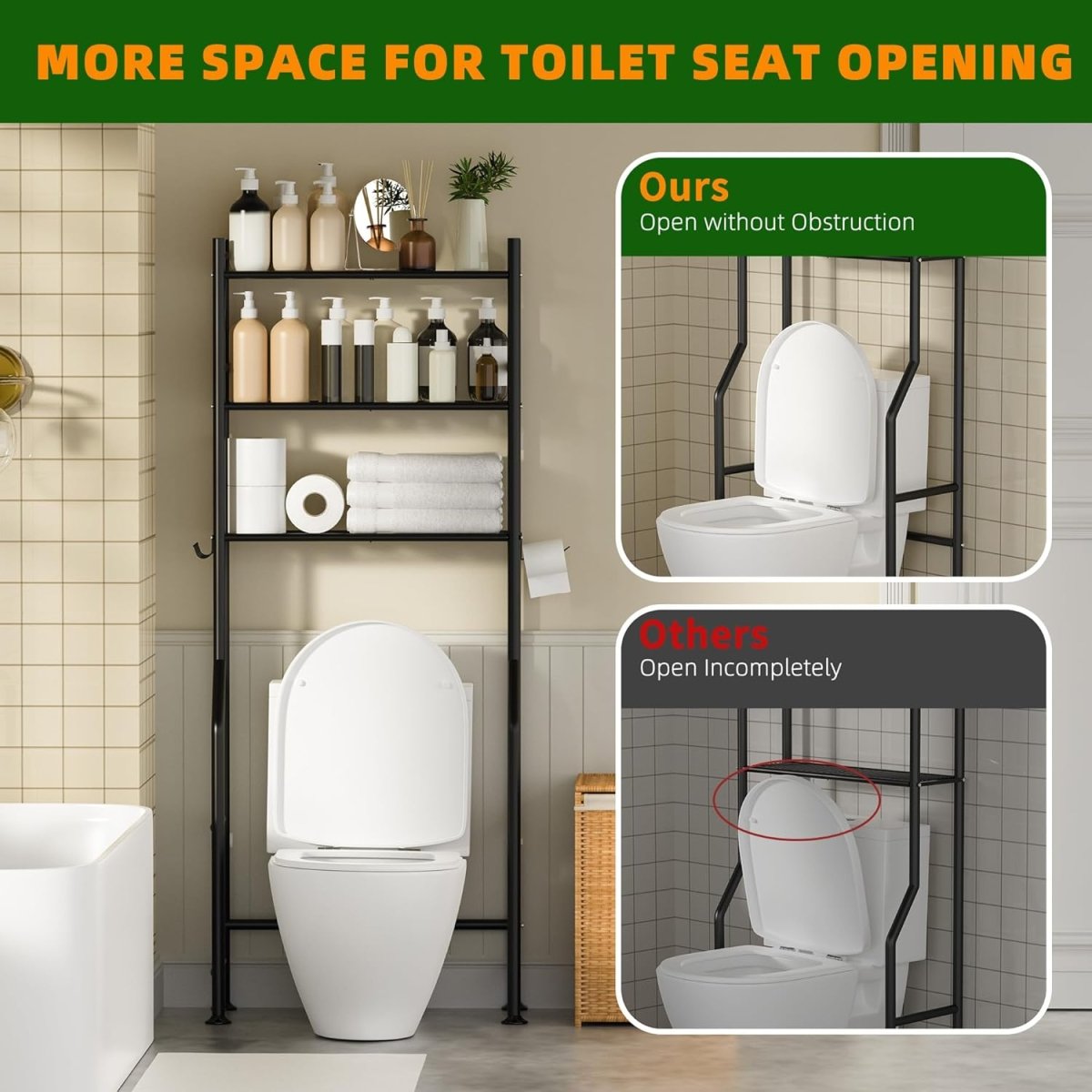 GloTika 3 - Tier Over The Toilet Storage, Space Saver Metal Bathroom Shelves, Freestanding Above Over Toilet Storage Shelf with 4 Hooks for Bathroom, Black - Homesidy.com