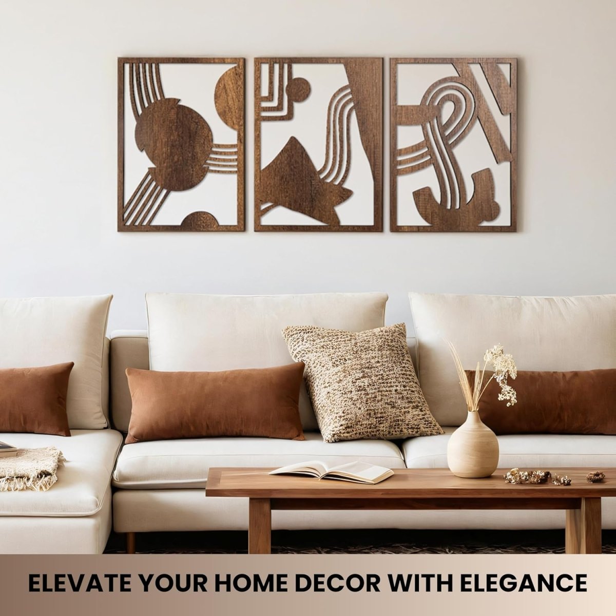 qmmp Modern Wooden Wall Sculptures - Set of 3 - MDF - Oak - Home Decor Accent - Large Wall Art for Living Room, Bedroom, Office - Easy Installation (Oak, Medium - Mountain and Sun, Unframed) - Homesidy.com