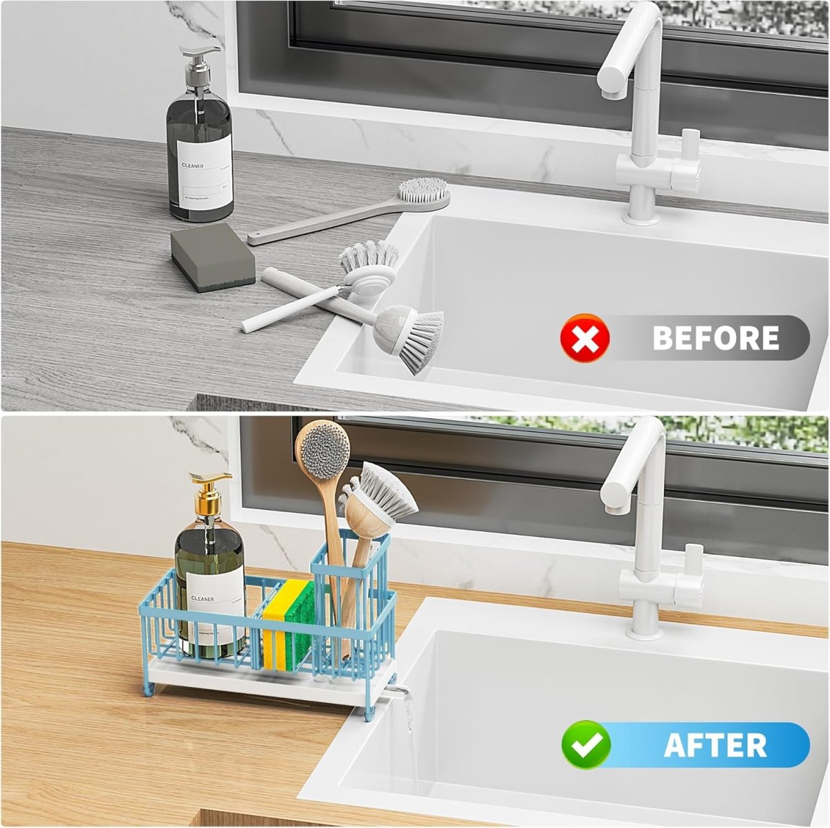Cisily Black Sponge Holder for Kitchen Sink, Sink Caddy Organizer with High Brush Holder, Kitchen Countertop Organizers and Storage Essentials, Rustproof 304 Stainless Steel, Soap Dispenser Organize - Homesidy.com