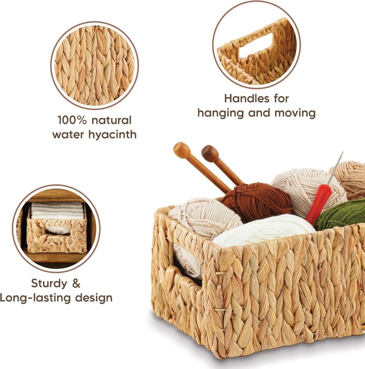 Greenatural Water Hyacinth Storage Baskets Set of 2, Handwoven Rectangular Organizer Trays with Wooden Bead Handles, Nested Wicker Bins for Shelf, Bathroom, Kitchen, Office, Natural Decor - Homesidy.com