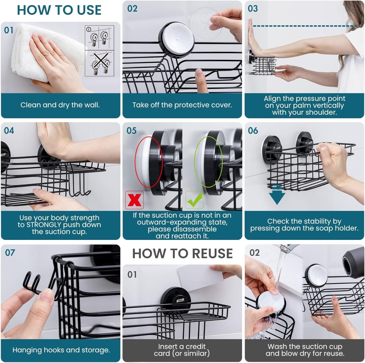 TAILI Shower Caddy Suction Cup 2 Pack with Hooks &amp; Soap holder, Heavy Duty Shower Organizer for Bathroom, No Drilling Bathroom Organizer with Large Capacity, Black Metal Storage Basket - Homesidy.com