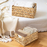 Greenatural Water Hyacinth Storage Baskets Set of 2, Handwoven Rectangular Organizer Trays with Wooden Bead Handles, Nested Wicker Bins for Shelf, Bathroom, Kitchen, Office, Natural Decor - Homesidy.com