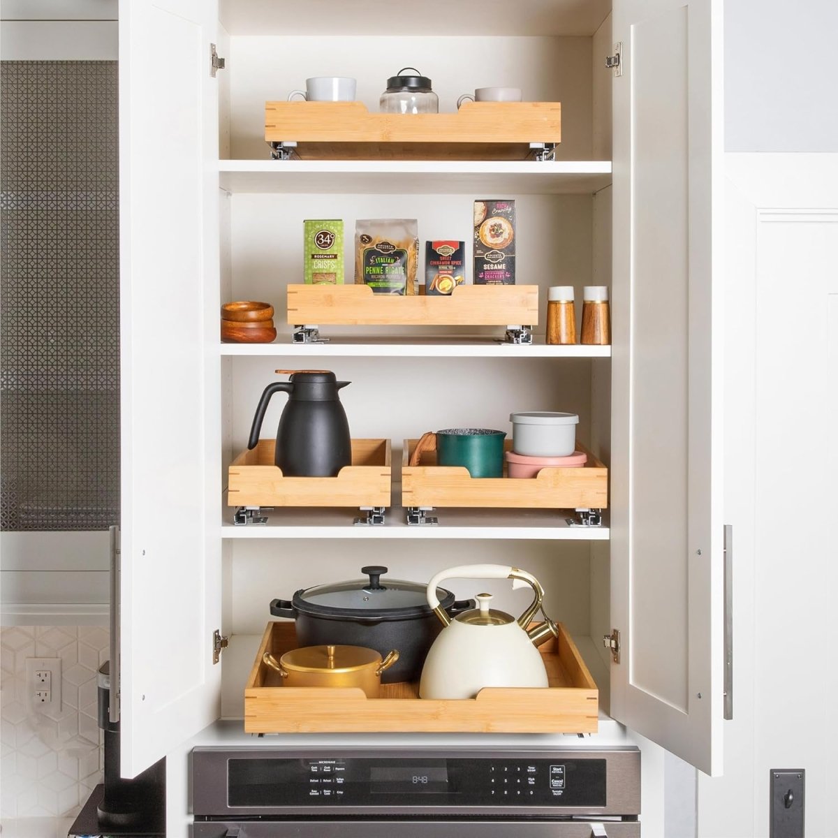 HOLDN’ STORAGE Bamboo Wooden Pull out Cabinet Organizer. 17&34; W x 21&34; D - Requires At Least a 18.25&34; W x 21&34; D.Cabinet Opening. W/Lifetime Limited Warranty. Bamboo Tray and Heavy gauge metal rails. - Homesidy.com
