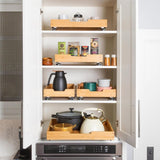 HOLDN’ STORAGE Bamboo Wooden Pull out Cabinet Organizer. 17&34; W x 21&34; D - Requires At Least a 18.25&34; W x 21&34; D.Cabinet Opening. W/Lifetime Limited Warranty. Bamboo Tray and Heavy gauge metal rails. - Homesidy.com