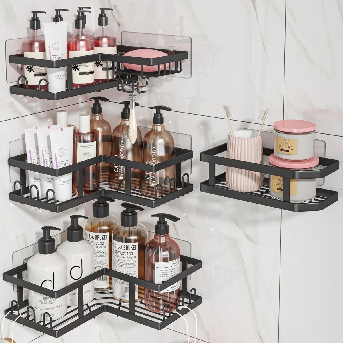Youvip Shower Caddy Corner with Soap Holder, No Drilling Shower Shelves - Rustproof, Adhesive Shower Organizer Corner for Dorm. Black, 4 - Pack - Homesidy.com
