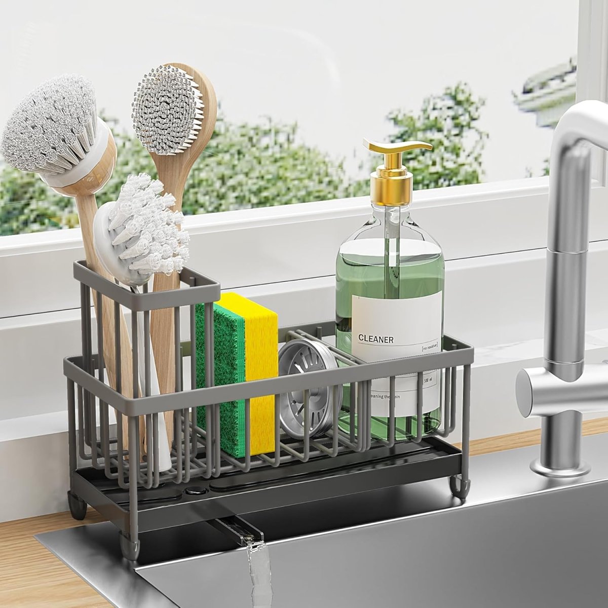 Cisily Black Sponge Holder for Kitchen Sink, Sink Caddy Organizer with High Brush Holder, Kitchen Countertop Organizers and Storage Essentials, Rustproof 304 Stainless Steel, Soap Dispenser Organize - Homesidy.com