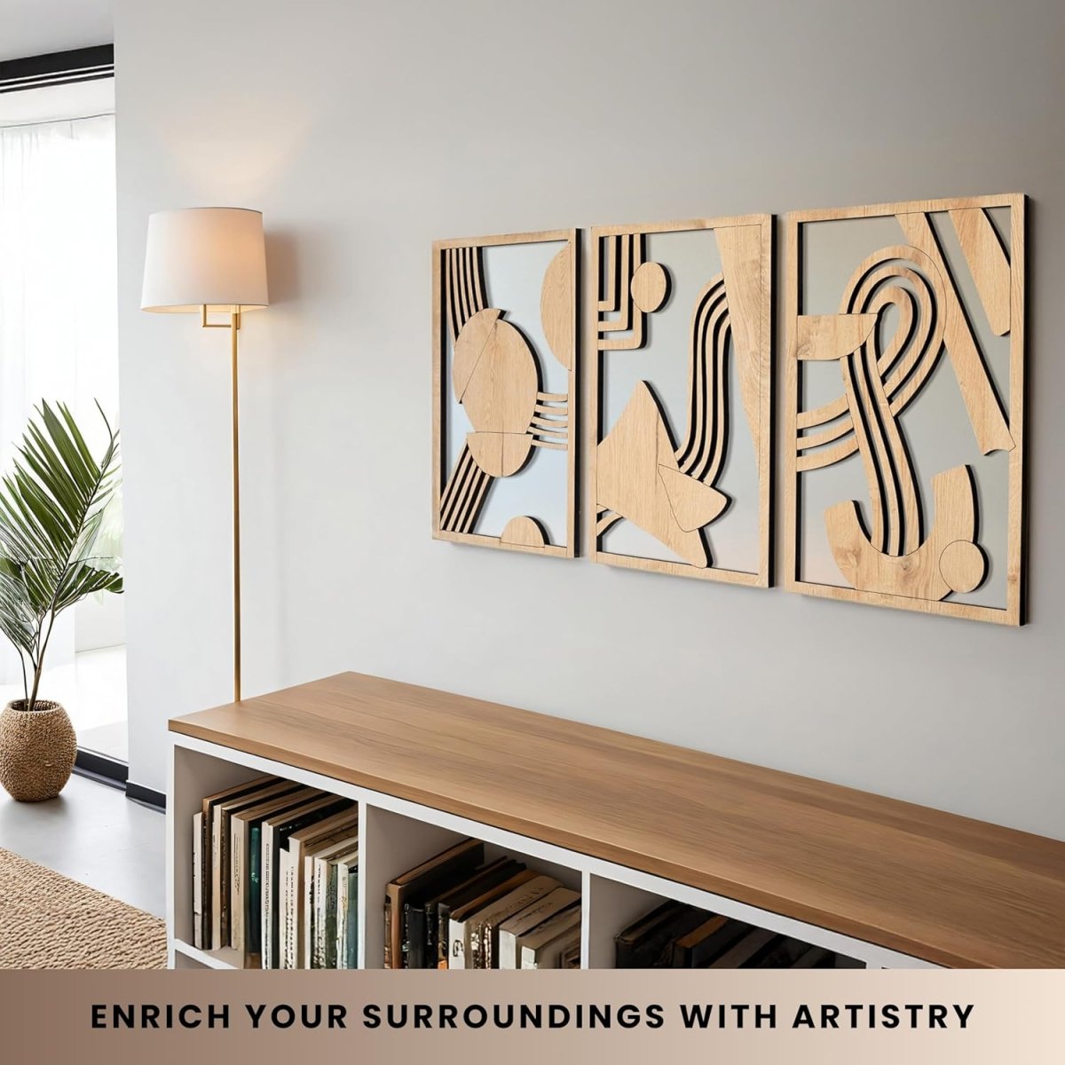 qmmp Modern Wooden Wall Sculptures - Set of 3 - MDF - Oak - Home Decor Accent - Large Wall Art for Living Room, Bedroom, Office - Easy Installation (Oak, Medium - Mountain and Sun, Unframed) - Homesidy.com