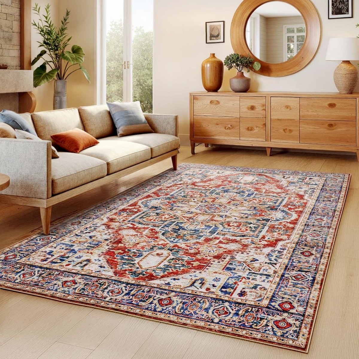 AMADA HOMEFURNISHING 8x10 Washable Area Rug, Low - Profile Large Area Rug with Non - Slip Backing &amp; Durable Edge Binding, Vintage Large Rugs for Living Room, Bedroom, Dinning Room - Homesidy.com