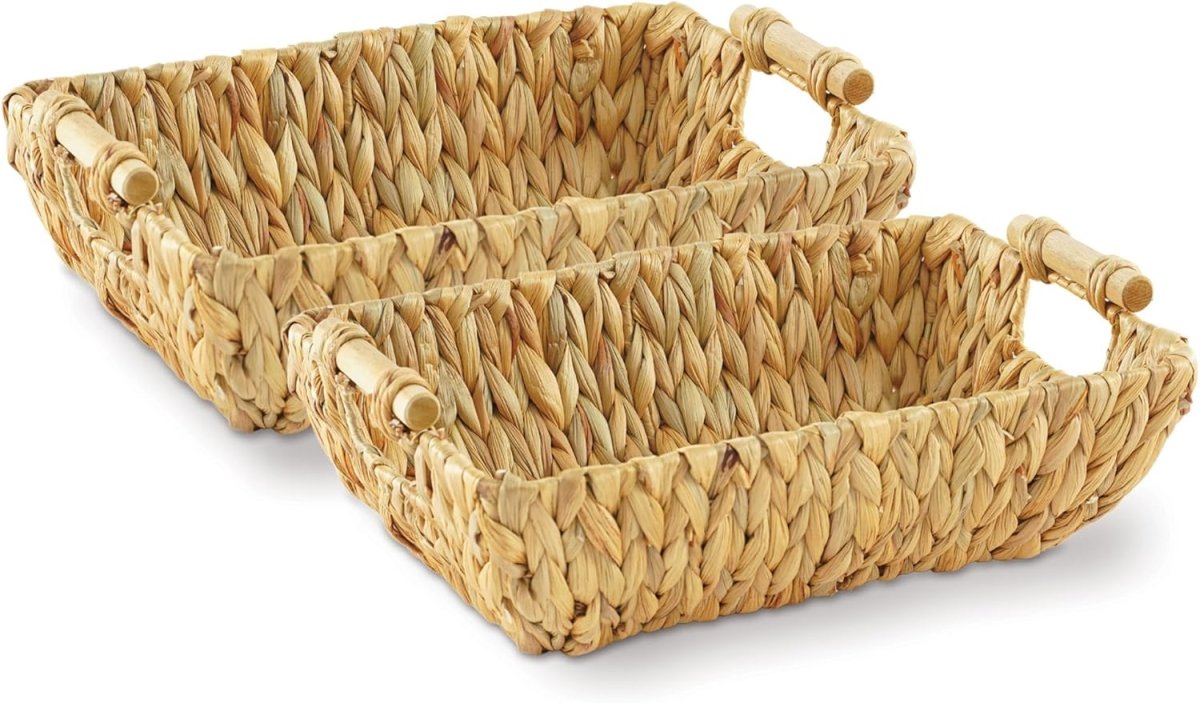 Greenatural Water Hyacinth Storage Baskets Set of 2, Handwoven Rectangular Organizer Trays with Wooden Bead Handles, Nested Wicker Bins for Shelf, Bathroom, Kitchen, Office, Natural Decor - Homesidy.com
