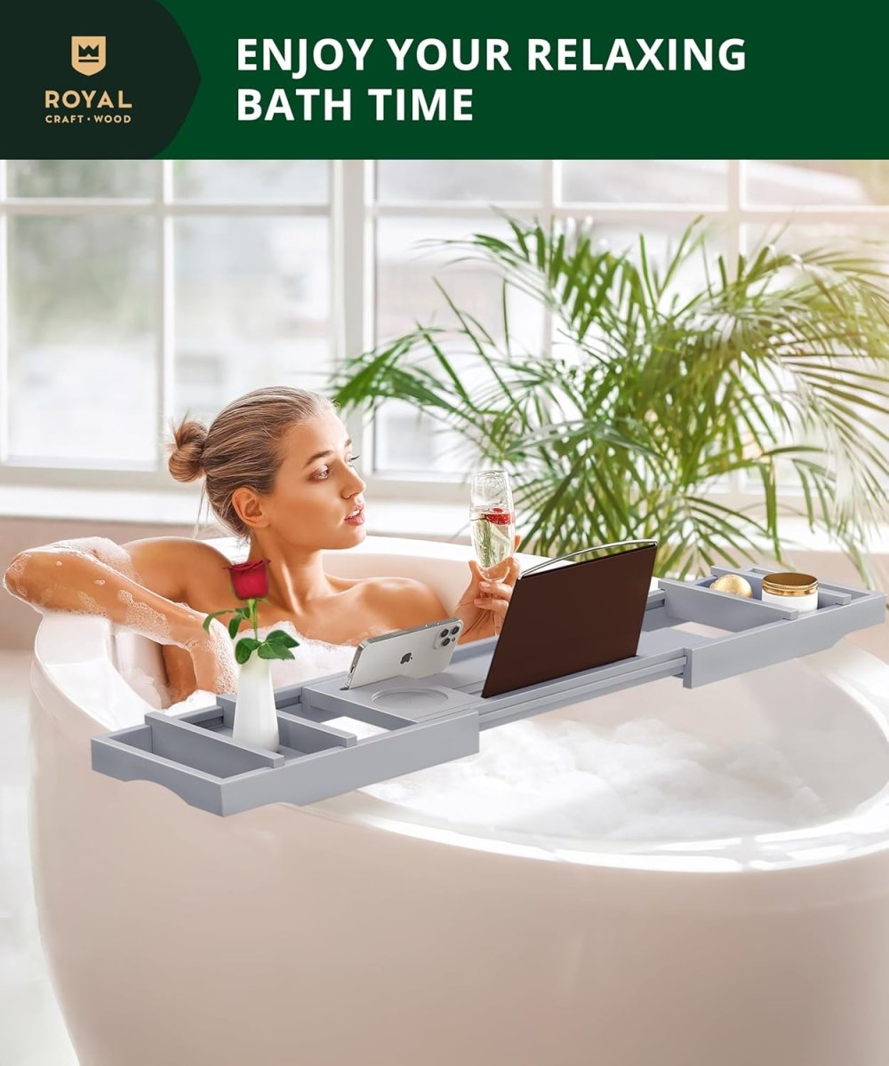 ROYAL CRAFT WOOD Bathtub Tray Caddy for Tub, Bamboo Bath Shelf, Premium Foldable Wood Bath Table, Expandable Bathtub &amp; Bathroom Accessories, New Home Gifts for Mom, Housewarming, Anniversary, Wedding - Homesidy.com