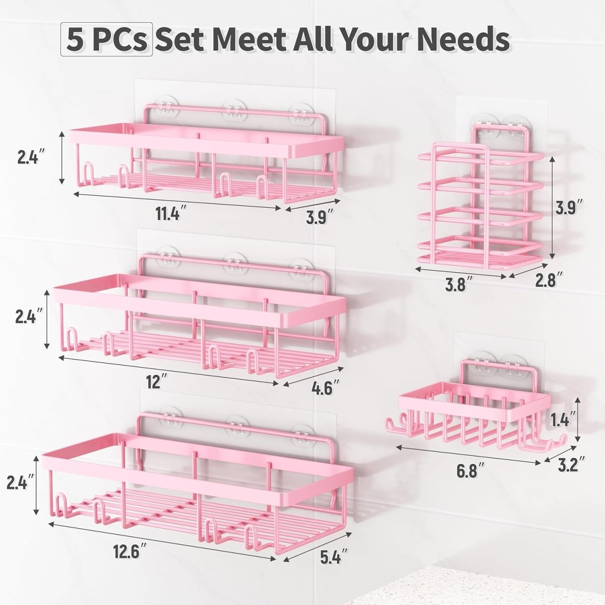Liuoud 5 Pack Shower Caddy Organizer Rack Shelf for Inside Shower, Adhesive Bathroom Wall Storage Basket Rustproof Stainless Steel Shampoo Holder, Girly Bathroom Accessory Decor Set, Pink - Homesidy.com