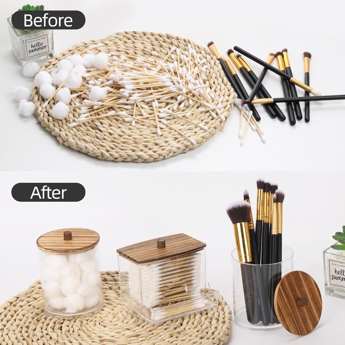 Tbestmax Qtips Holder Bathroom Container, 10 OZ Cotton Ball/Swabs Dispenser, Apothecary Jar Organizer for Storage Brown Wood Lids - Homesidy.com