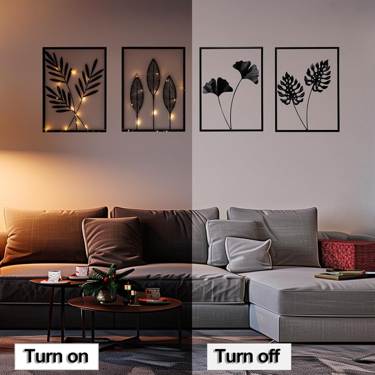QXSXKJ Black Metal Wall Decor Framed, 3d Modern Metal Wall Art with Light, Minimalist Abstract Black Line Art DéCor, 4 Piece Home Art for Living Room Bedroom Bathroom - Homesidy.com