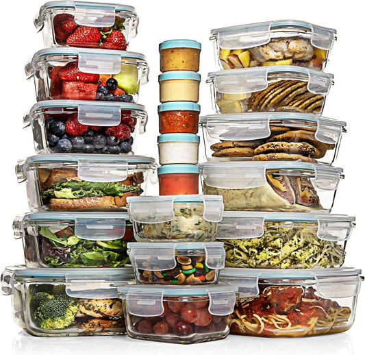 Razab 35 Pc Set Glass Food Storage Containers with Lids - Meal Prep Airtight Bento Boxes BPA - Free 100% Leak Proof (15 lids,15 glass &amp; 5 Plastic Sauce/Dip Containers) - Homesidy.com