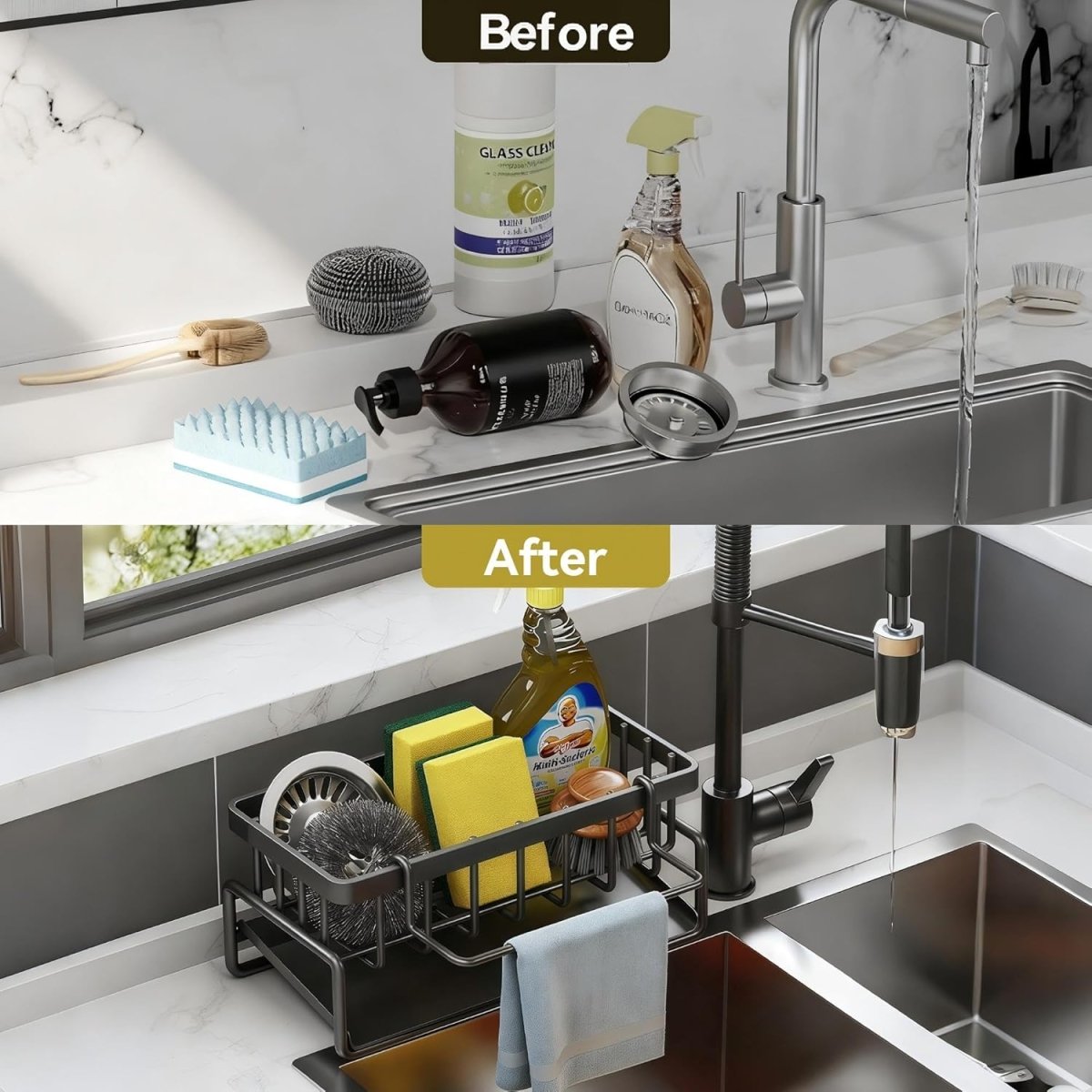 Lotgnimry Sponge Holder for Kitchen, Sink Caddy Organizer Rack for Kitchen Accessories, Soap Dispenser Countertop Organizer Essentials for Home (Black) - Homesidy.com