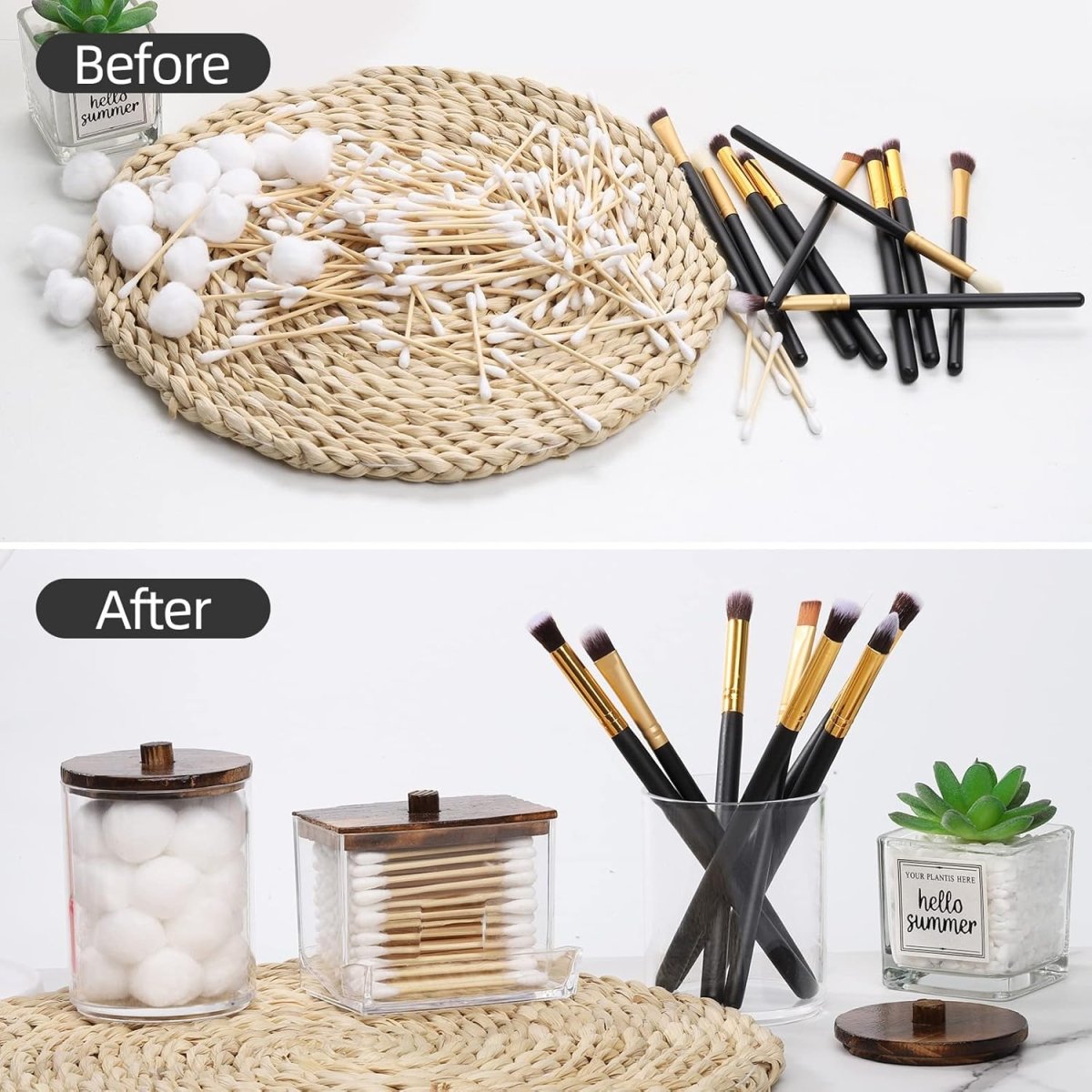 Tbestmax Qtips Holder Bathroom Container, 10 OZ Cotton Ball/Swabs Dispenser, Apothecary Jar Organizer for Storage Brown Wood Lids - Homesidy.com