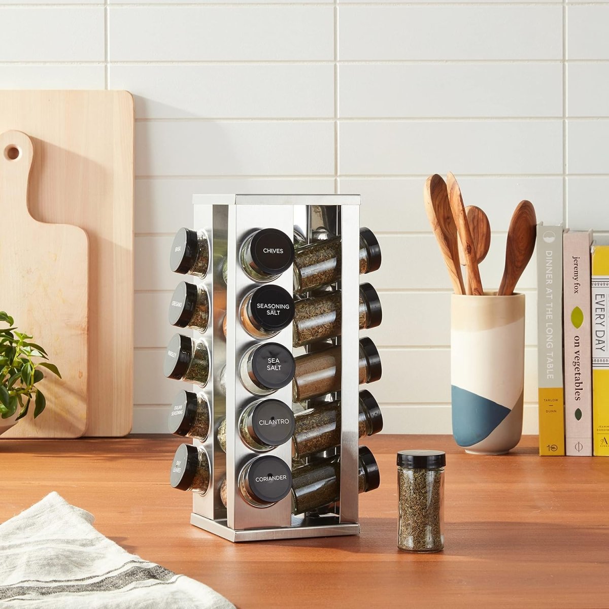 Kamenstein 20 Jar Revolving Countertop Spice Rack with Spices Included, FREE Spice Refills for 5 Years, Polished Stainless Steel with Black Caps, 30020 - Homesidy.com