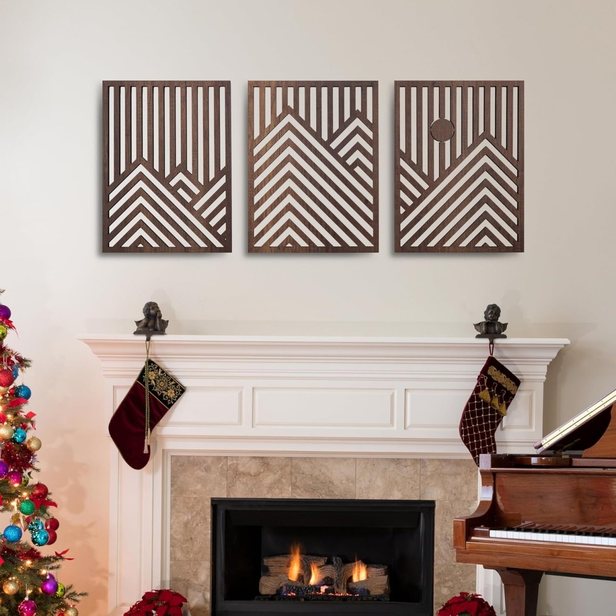 qmmp Modern Wooden Wall Sculptures - Set of 3 - MDF - Oak - Home Decor Accent - Large Wall Art for Living Room, Bedroom, Office - Easy Installation (Oak, Medium - Mountain and Sun, Unframed) - Homesidy.com