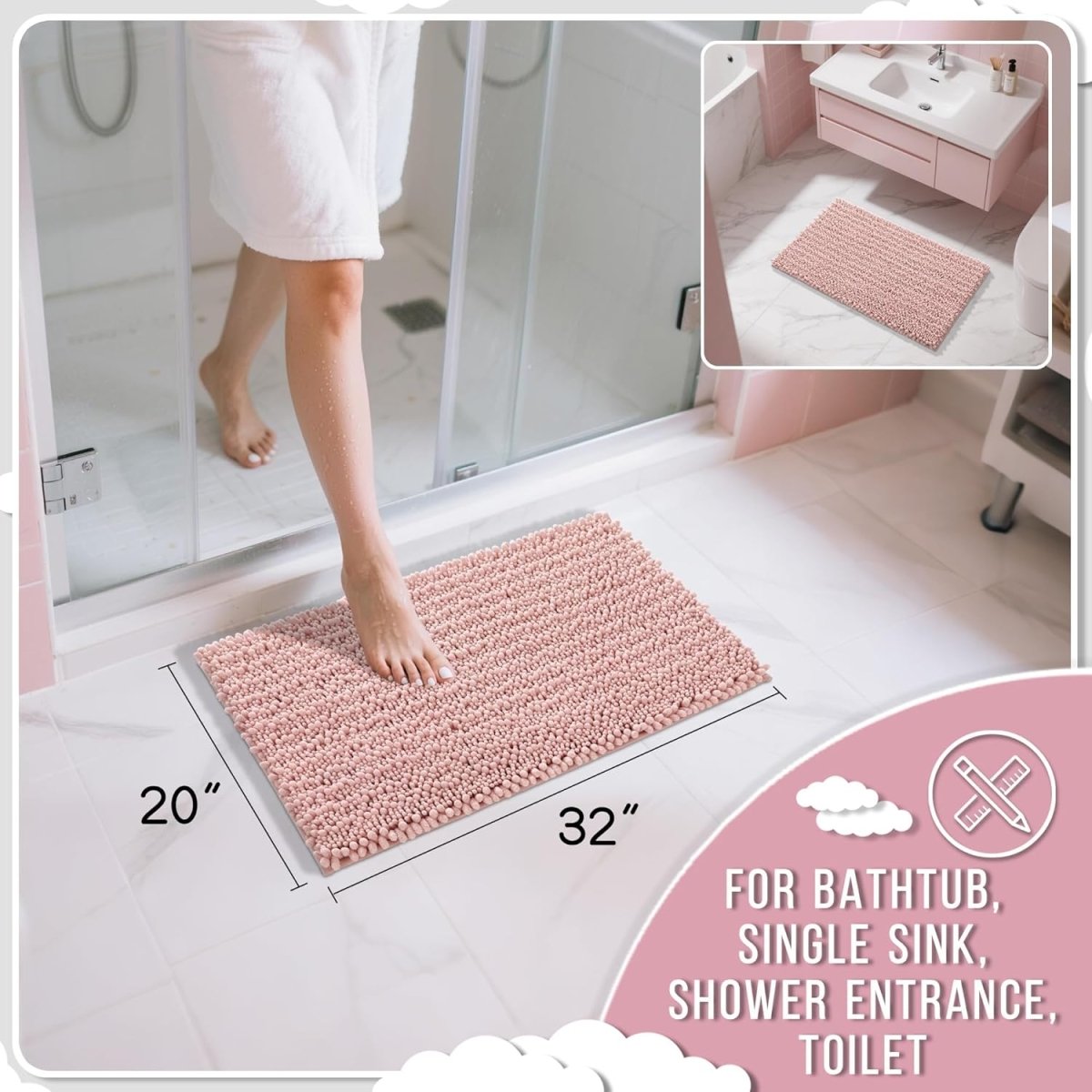 Yimobra Bathroom Rugs Non Slip Washable - Ultra Soft Absorbent Chenille Bath Mat, Quick Dry Shaggy Floor Carpet for Tub Shower, Gray Home Decor Accessories, 24x17 Inch - Homesidy.com