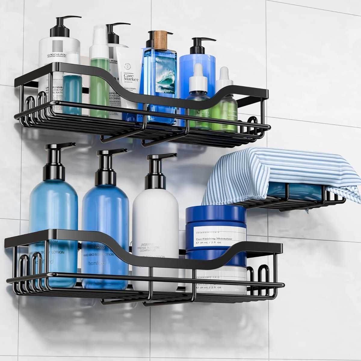 OMAIRA 3 - Pack Shower Caddy with Soap Holder, Adhesive Rustproof No - drill Strudy Loading Inside Shower Organizer Shelves Rack Storage Bathroom Organization for Smooth Wall Glass Tile, Black (Large) - Homesidy.com