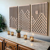 qmmp Modern Wooden Wall Sculptures - Set of 3 - MDF - Oak - Home Decor Accent - Large Wall Art for Living Room, Bedroom, Office - Easy Installation (Oak, Medium - Mountain and Sun, Unframed) - Homesidy.com
