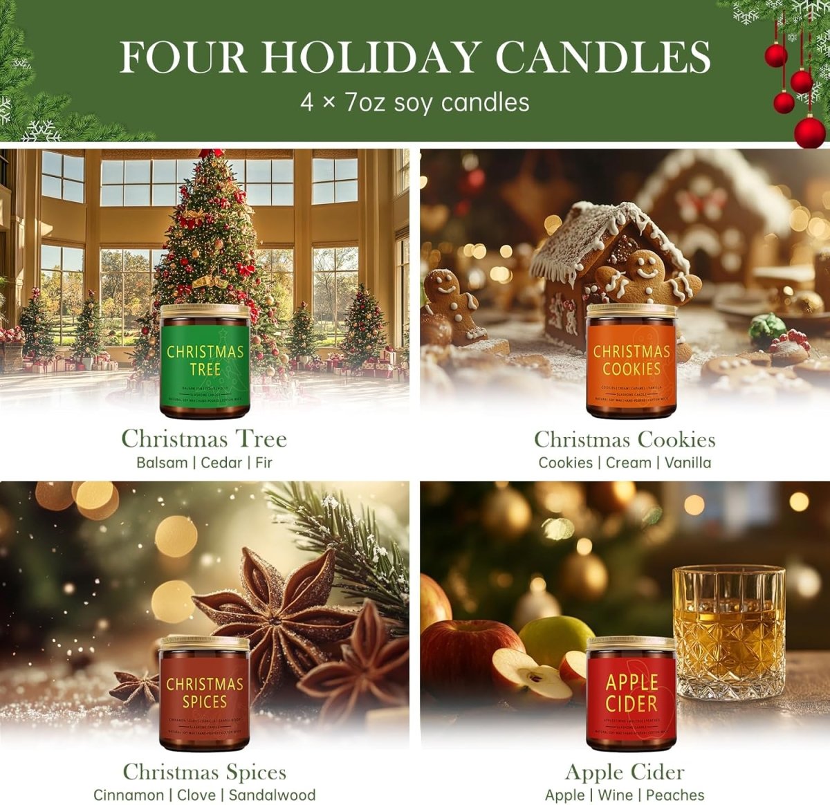Winter Candle Gift Set, 4 Pack 7 oz Soy Scented Candles for Home, Christmas, Holiday &amp; Birthday Gifts for Women &amp; Men, Includes Hello Winter, Pine &amp; Cedarwood, Hot Cocoa, and Vanilla Cupcake - Homesidy.com