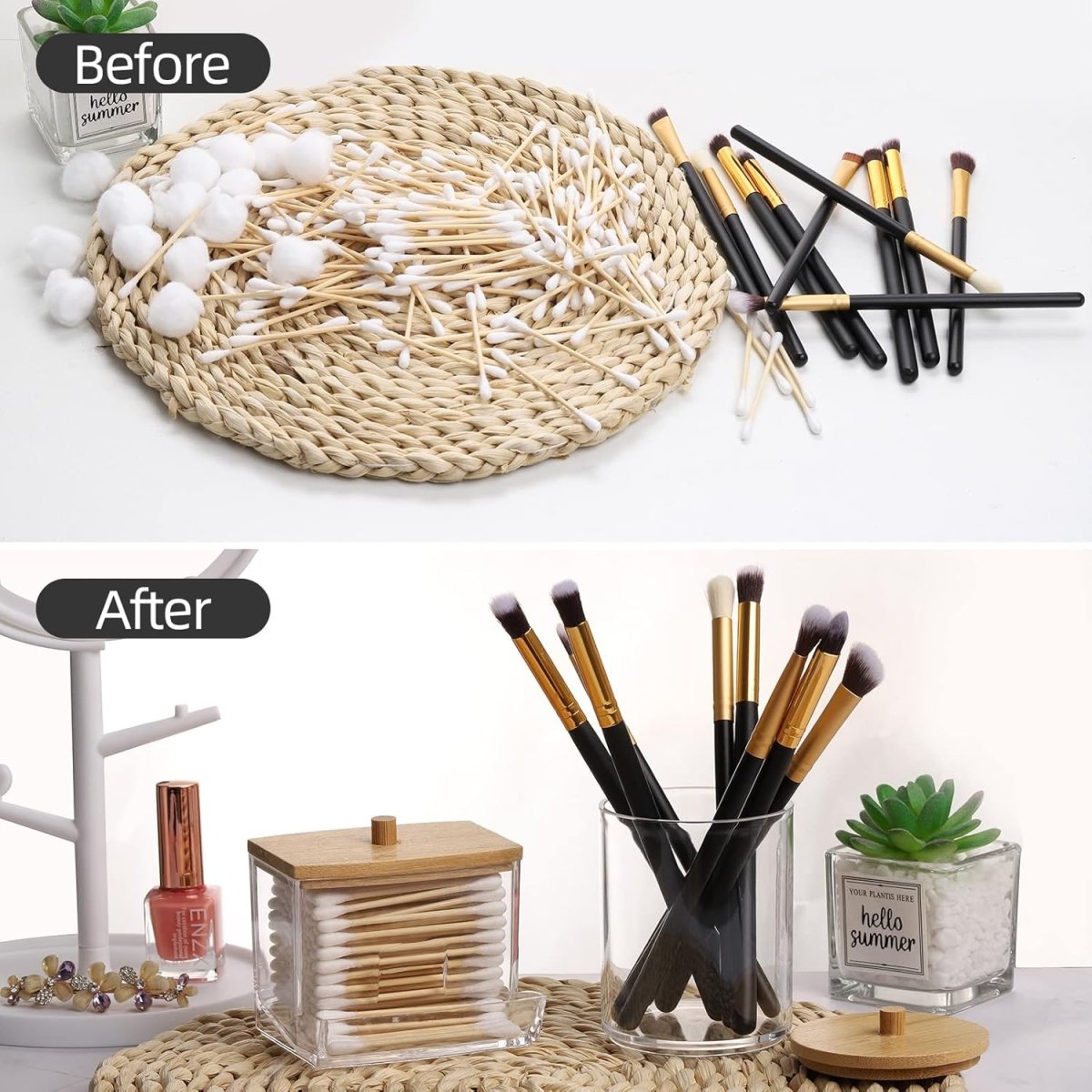 Tbestmax Qtips Holder Bathroom Container, 10 OZ Cotton Ball/Swabs Dispenser, Apothecary Jar Organizer for Storage Brown Wood Lids - Homesidy.com