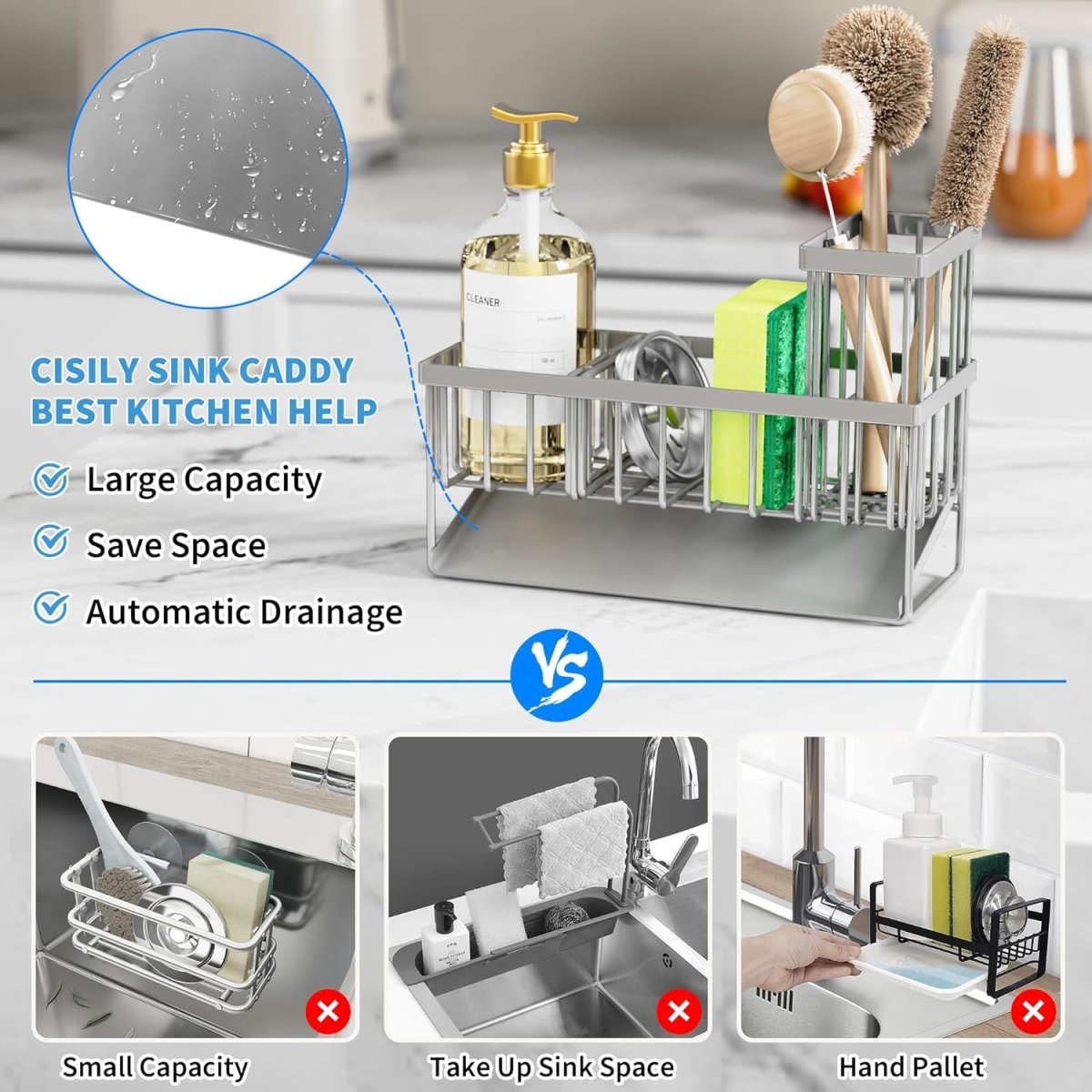 Cisily Kitchen Sink Caddy Organzier with High Brush Holder, Sponge Holder for Sink, 304 Rustproof Stainless, Kitchen Countertop Soap Dispenser Organizer, Kitchen Decor and Accessories - Homesidy.com