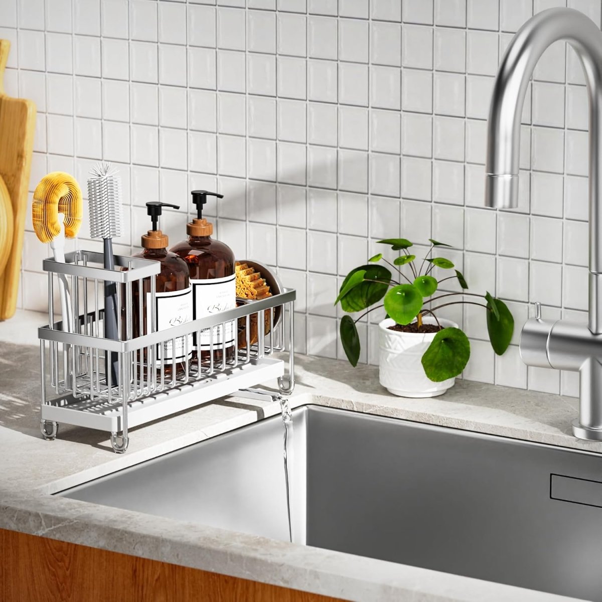 Cisily Black Sponge Holder for Kitchen Sink, Sink Caddy Organizer with High Brush Holder, Kitchen Countertop Organizers and Storage Essentials, Rustproof 304 Stainless Steel, Soap Dispenser Organize - Homesidy.com