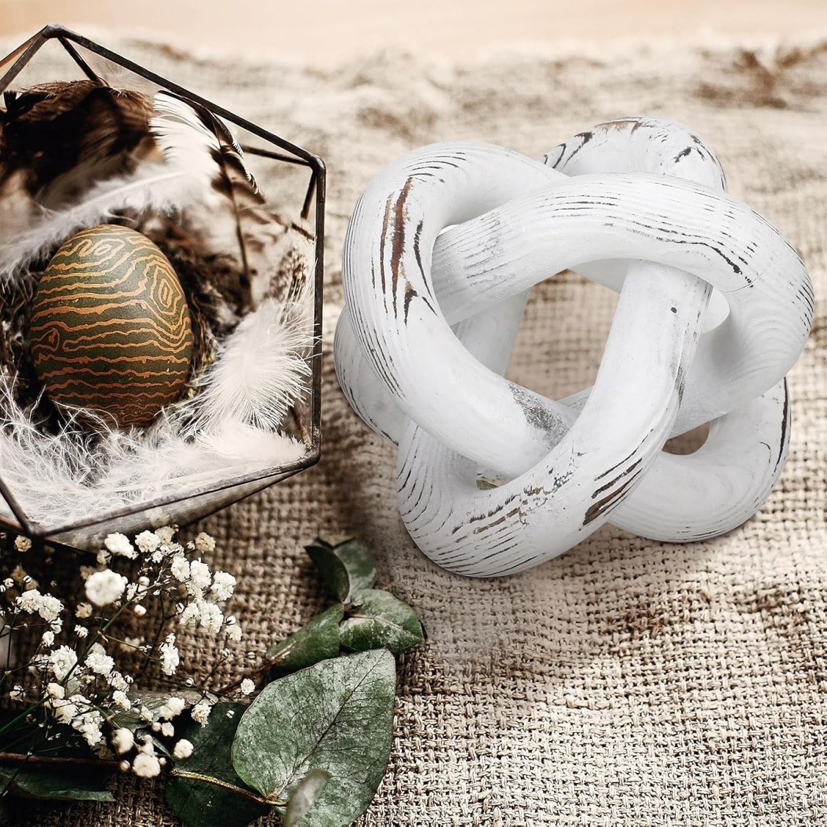 Yalikop 3 Link Wood Knot Decor - Hand Carved Coffee Table Decoration, Boho Chain Link Decor, Modern Shelf, Rustic Objects for Home Living Room Bedroom(White) - Homesidy.com