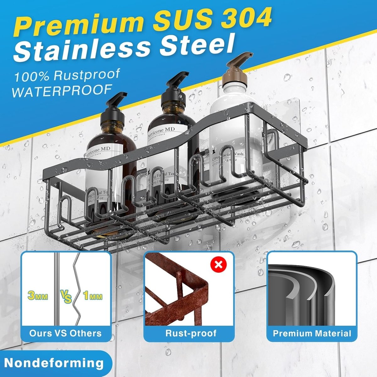 EUDELE 5 - Pack Rustproof Stainless Steel Shower Caddy Set– No Drill Adhesive Bathroom Organizer, Space - Saving Shower Shelves for Apartment Essentials, Bathroom/Kitchen Storage Home Decor - L Size - Homesidy.com