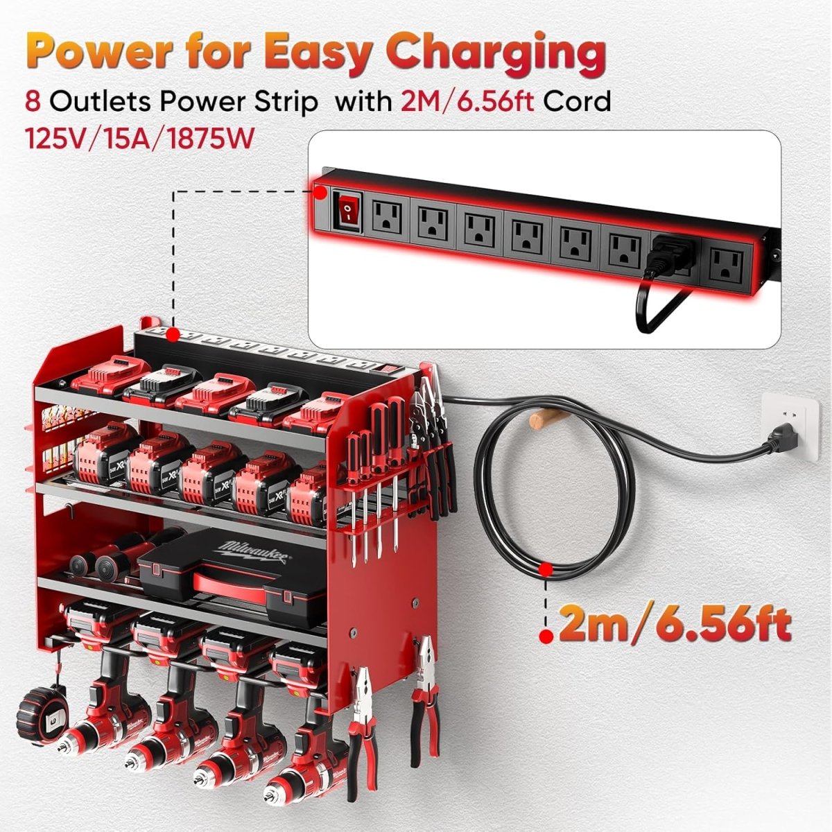 POKIPO Large Power Tool Organizer Wall Mount with Charging Station,4 Layer Heavy Duty Metal Tool Storage Rack Loads 600lbs with 8 Cordless Drill Holder,Battery Utility Rack Loads with 4 Power Strip - Homesidy.com